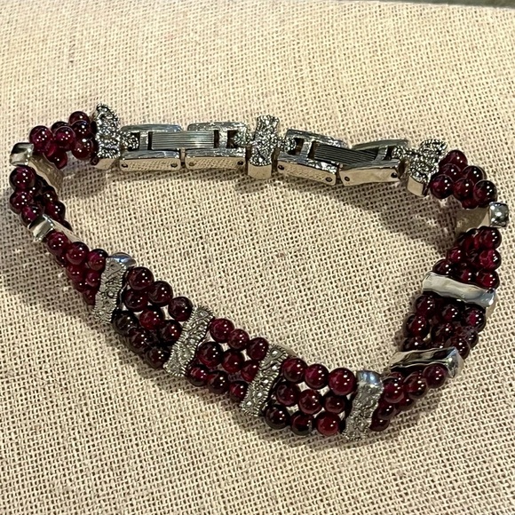Vintage Marcasite, silver and Red Garnet Triple Row Beaded Bracelet - Picture 7 of 11